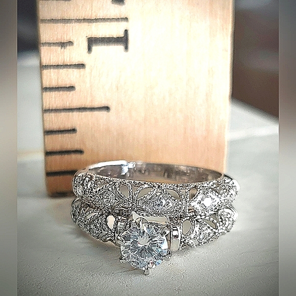 Vintage Style Sterling Silver Filigree Bridal Ring Set CZ Milgrain Details 925 - Picture 5 of 12
